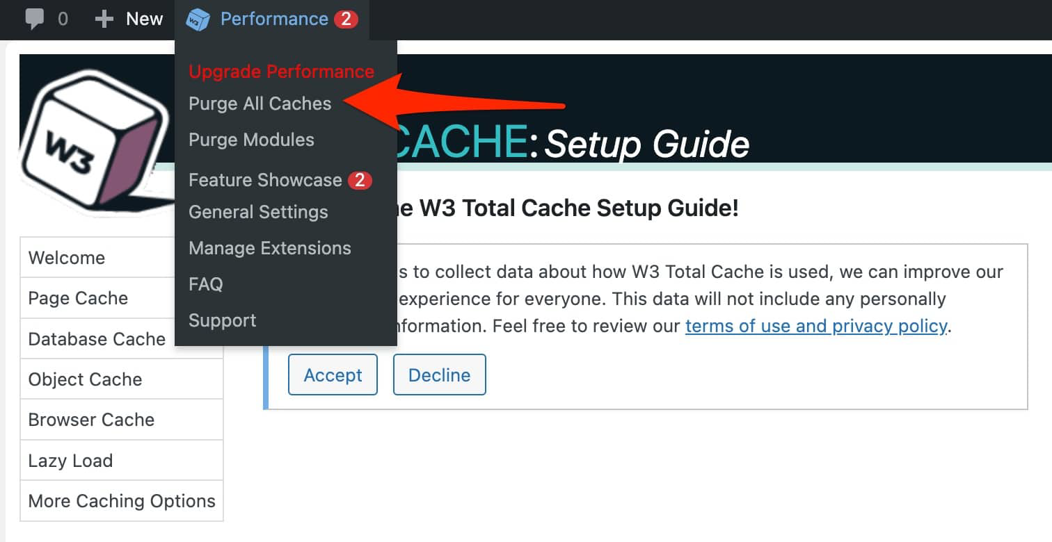 حذف کش افزونه W3 Total Cache